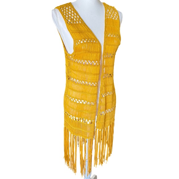 Rock & Roll Cowgirl Mustard Yellow Macrame Fringe Vest Longline Boho Women's L - Picture 8 of 13